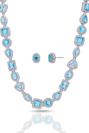 Conjunto Colar Riviera Mix Azul Sky Cravejado Cristal com Fecho Italiano - 40 cm