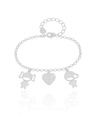 Pulseira Filho e Filha com Coração Amor Ródio Branco