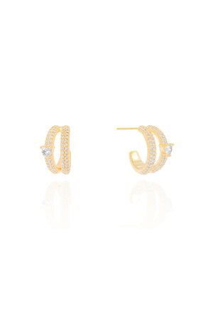 Brinco Dois Filetes Coração Cravejado Cristal Banhado a Ouro 18K