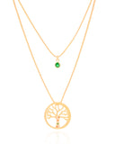 Gargantilha Dupla Árvore da Vida e Ponto de Luz Esmeralda Banhado a Ouro 18K