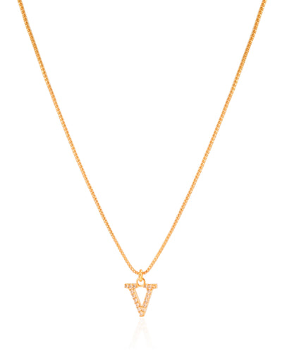 Colar Veneziana Letra V Cravejada Cristal Banhado a Ouro 18K - 45 cm