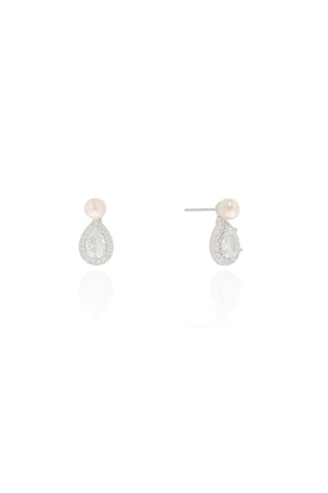 Brinco Pérola Gota Cravejada Cristal Ródio Branco