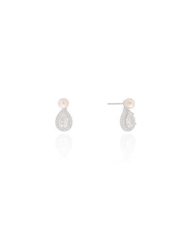 Brinco Pérola Gota Cravejada Cristal Ródio Branco