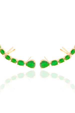 Ear Cuff Pontos de Luz Ovais Esmeralda Cravejado Cristal Banhado a Ouro 18K