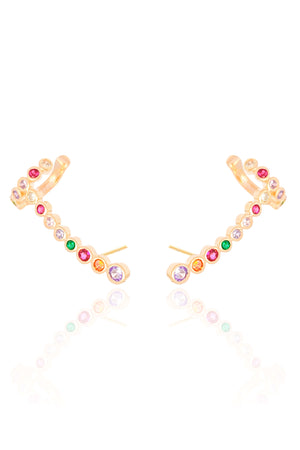 Brinco Ear Cuff Cravejado Redondo Colorido Banhado a Ouro 18K