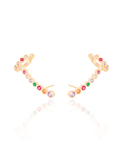 Brinco Ear Cuff Cravejado Redondo Colorido Banhado a Ouro 18K