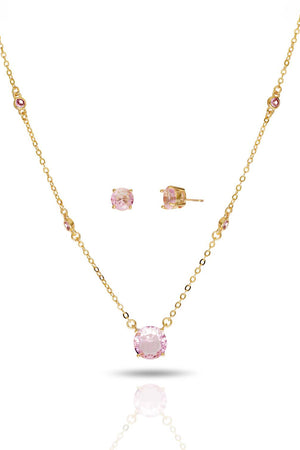 Conjunto Gargantilha e Brinco  Ponto de luz Cristal Rosa