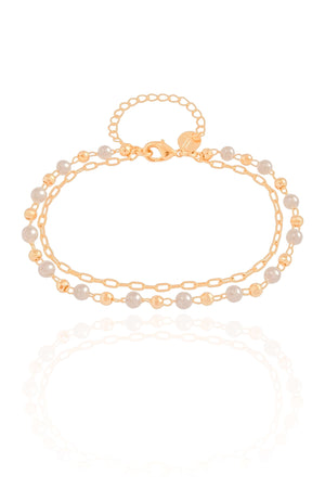 Pulseira Dupla Elos Pérolas Banhado a Ouro 18K
