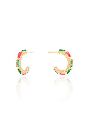 Brinco Argola Detalhada Cristal Colorida Banhado a Ouro 18K
