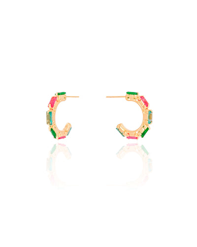 Brinco Argola Detalhada Cristal Colorida 1,9 cm Banhado a Ouro 18K
