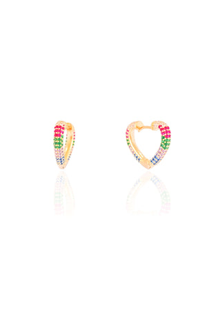 Brinco Argola Coração Cravejada Colorida Banhado a Ouro 18K