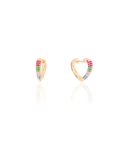 Brinco Argola Coração Cravejada Colorida 1,9 cm Banhado a Ouro 18K