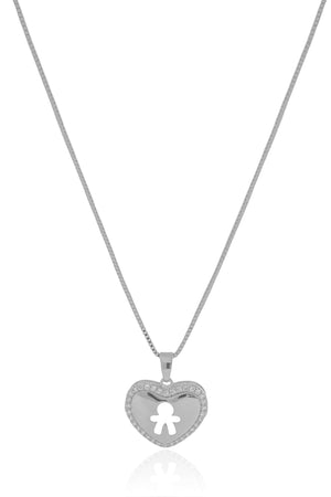 Gargantilha Coração Filho Menino Cravejado Cristal Ródio Branco - 45 cm