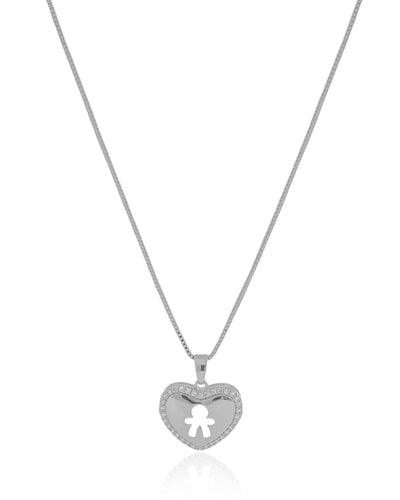 Gargantilha Coração Filho Menino Cravejado Cristal Ródio Branco - 45 cm