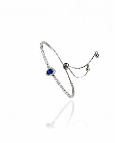 Pulseira Tennis Riviera Cristal Ajustável com Pingente Gota Azul Safira Cravejada Cristal