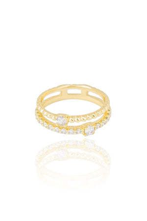 Anel Dois Filetes Pipoca Cravejado e Pontos de Luz Cristal Tamanho 18 Banhado a Ouro 18K