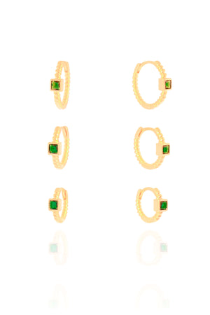 Trio de Argolas Pontos de Luz Quadrados Esmeralda Banhado a Ouro 18K