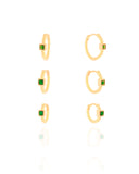 Trio de Argolas Pontos de Luz Quadrados Esmeralda Banhado a Ouro 18K
