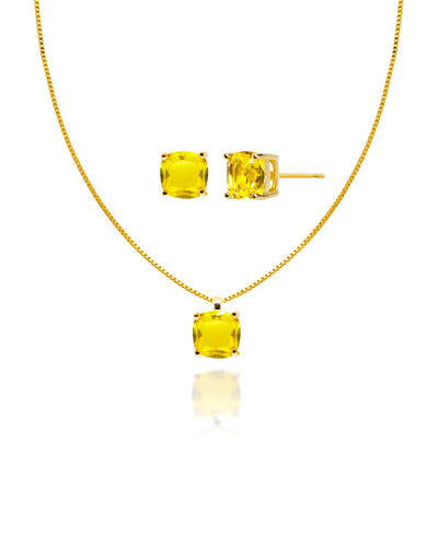 Conjunto Ponto de Luz Quadrado Citrino Veneziana e Brincos