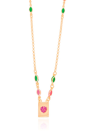 Gargantilha Navetes Coloridos Coração Rosa Banhado a Ouro 18K - 45 cm