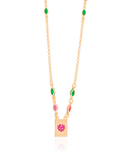 Colar Navetes Coloridos Coração Rosa Banhado a Ouro 18K - 45 cm