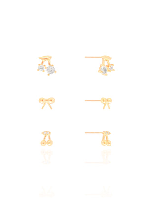 Trio Cerejas Ponto de Luz Cristal Banhado a Ouro 18K