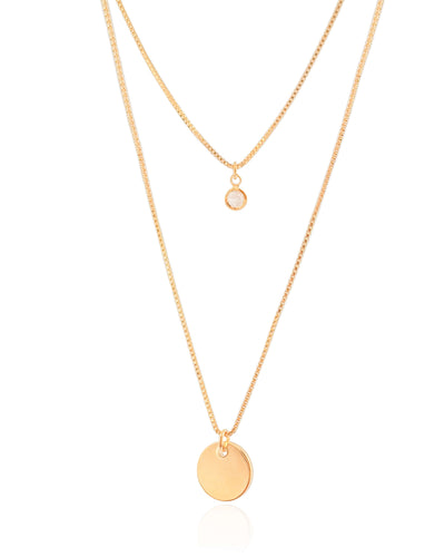 Colar Dupla Redondo e Ponto de Luz Cristal Banhado a Ouro 18K