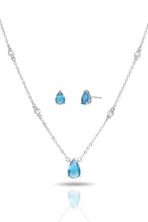 Conjunto Gargantilha Elo Veneziano com Pingente Gota Topázio Azul e Brincos