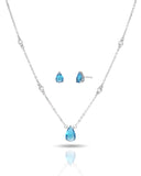Conjunto Gargantilha Elo Veneziano com Pingente Gota Topázio Azul e Brincos