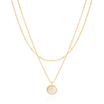 Colar Veneziana Dupla Pérola Detalhes Bolinha Banhado a Ouro 18K - 37/40 cm