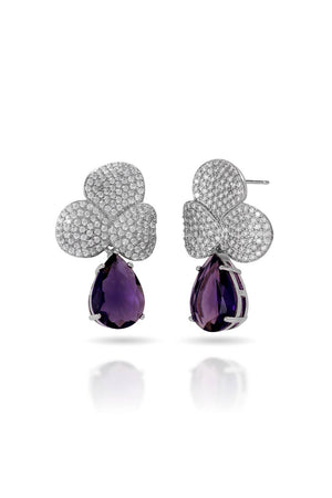 Brinco Folhas Cravejadas Cristal e Gota Pendente Ametista
