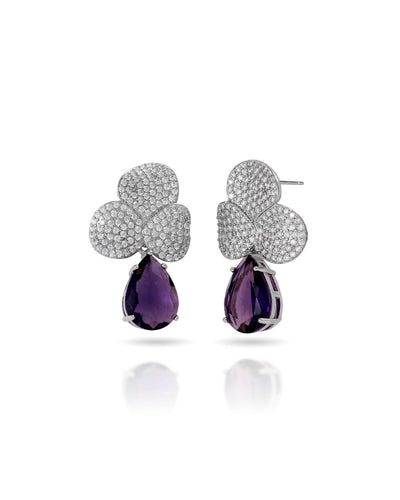 Brinco Folhas Cravejadas Cristal e Gota Pendente Ametista