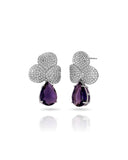 Brinco Folhas Cravejadas Cristal e Gota Pendente Ametista