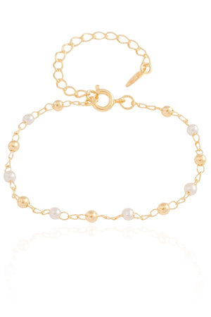 Pulseira Infantil Pérola e Bolinhas Banhado a Ouro 18K