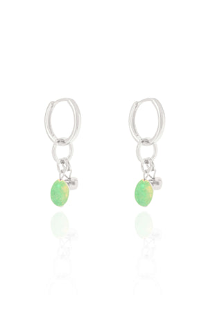 Brinco Argola Click Barroca Verde Jade 3.3 cm Ródio Branco