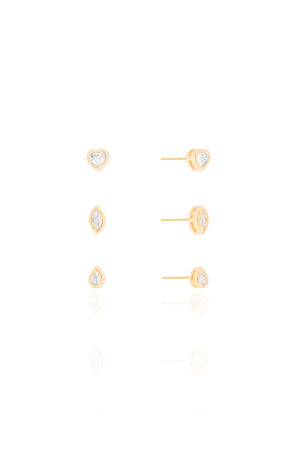 Brinco Trio Ponto de luz Gota Coração e Navetes Banhado a Ouro 18K