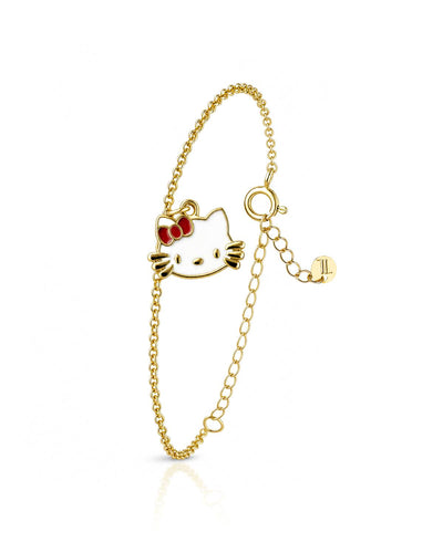 Pulseira Infantil Gatinha Esmaltada Branca com Laço Vermelho