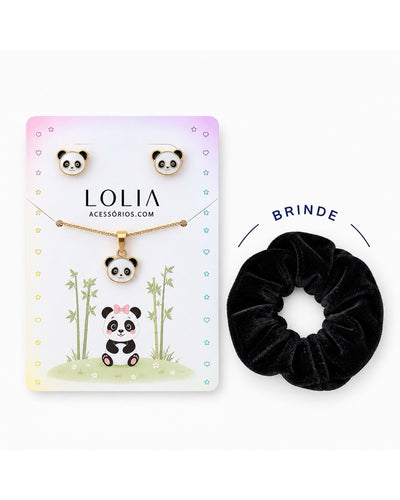 Conjunto Infantil Panda Esmaltado Branco Detalhes Preto
