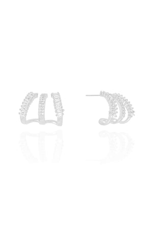 Brinco Argola Filetes Cravejados Baguetes Cristal 1.3 cm Ródio Branco