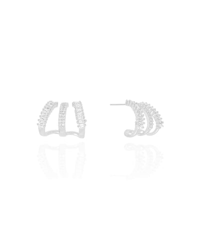 Brinco Argola Filetes Cravejados Baguetes Cristal 1,3 cm Ródio Branco
