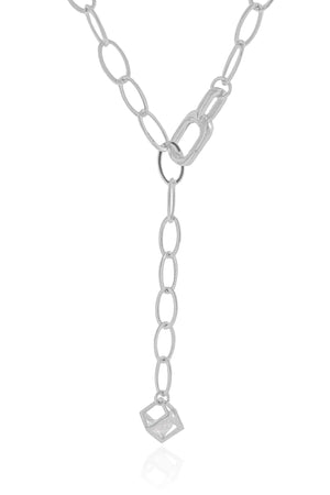 Gargantilha Gravata Ajustável Elos Ovais Cubo Ponto de Luz Cristal Ródio Branco - 45 cm