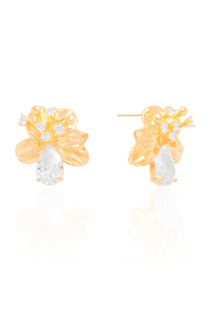 Brinco Flor Gota Pontos de Luz Cristal Banhado a Ouro 18K