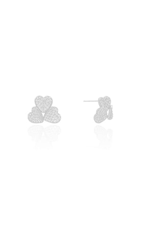 Brinco Três Corações Cravejados Cristal Ródio Branco