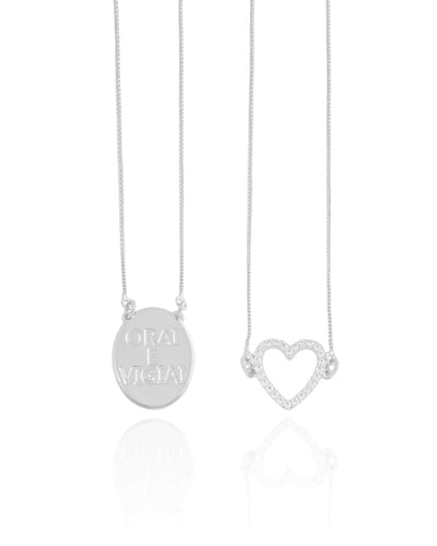 Escapulário Orai e Vigiai Coração Cravejado Cristal Ródio Branco - 70 cm