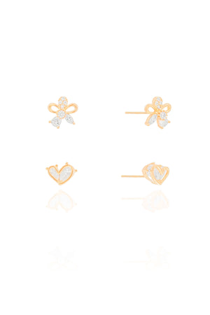 Brinco Duplo Coração Cristal e Flor Cristal Cravejada Banhado a Ouro 18K