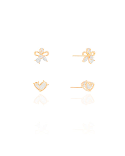 Dupla de Brincos Coração Cristal e Flor Cristal Cravejada Banhado a Ouro 18K