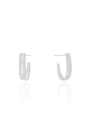 Brinco Argola Dois Filetes Cravejados Cristal 1.9 cm Ródio Branco