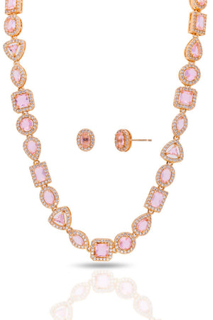 Conjunto Colar Riviera Mix Quartzo Rosa Cravejado Cristal com Fecho Italiano - 40 cm