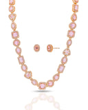 Conjunto Colar Riviera Mix Quartzo Rosa Cravejado Cristal com Fecho Italiano - 40 cm