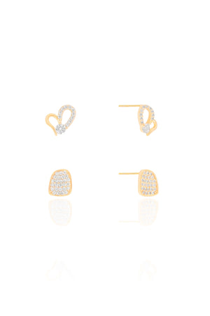 Brinco duplo Coração e Retângulo Cravejado Cristal Banhado a Ouro 18K